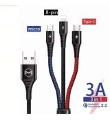 3v1 USB-C, Lightning, MicroUSB opletený nabíjací kábel pre nabíjanie až 3 telefónov súčasne