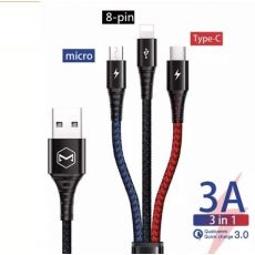 3v1 USB-C, Lightning, MicroUSB opletený nabíjací kábel pre nabíjanie až 3 telefónov súčasne